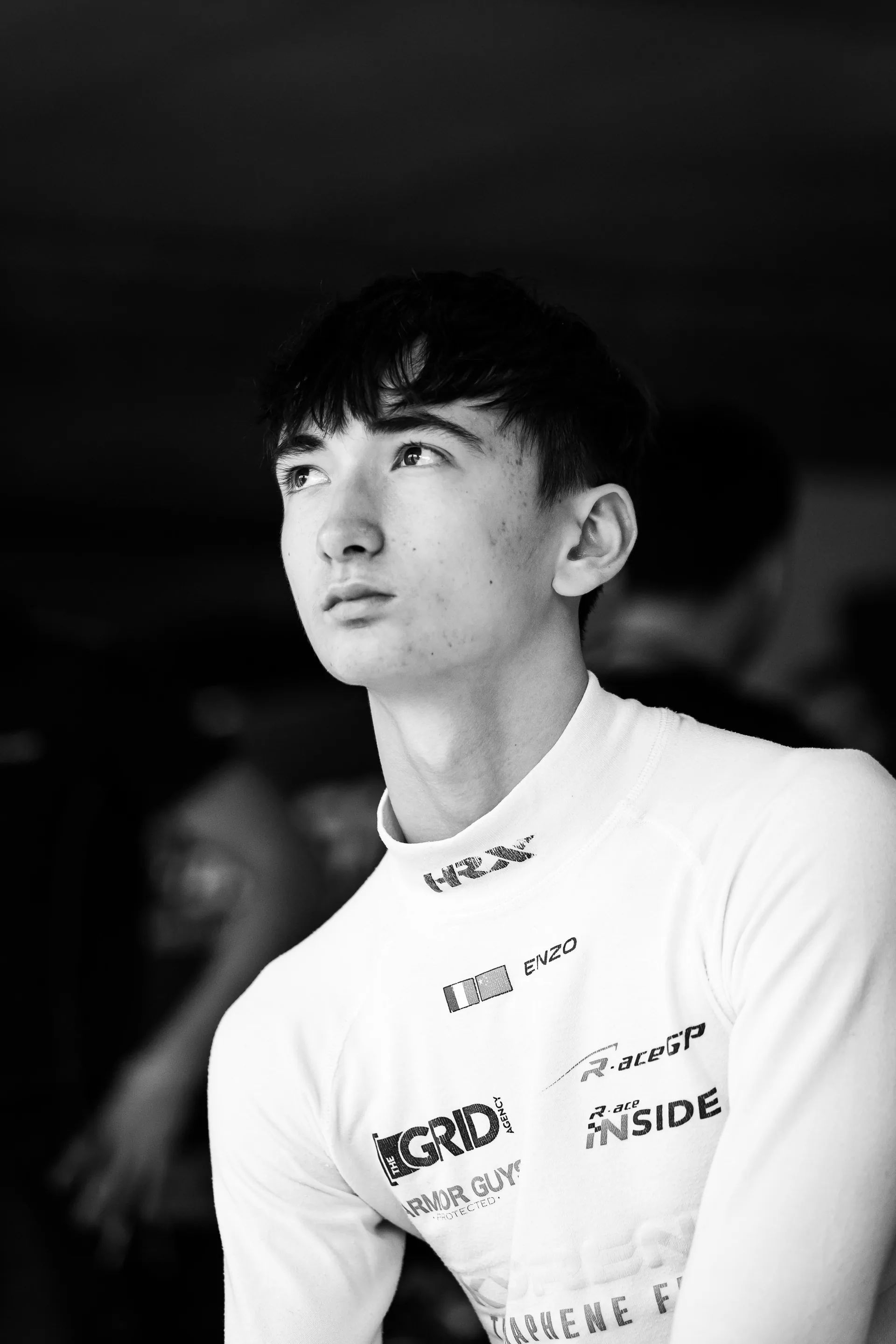 Enzo Deligny black and white studio portrait — Franco-Chinese racing driver