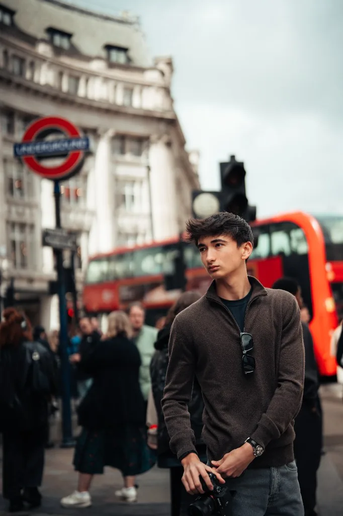 Enzo Deligny posing at Oxford Circus, London